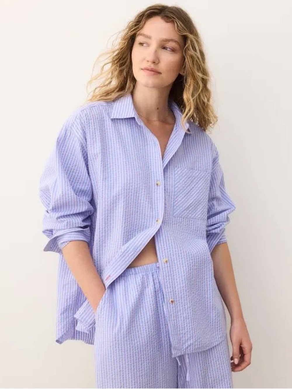 Marine Layer Graycie Seersucker Lavender and Blue Striped Shirt